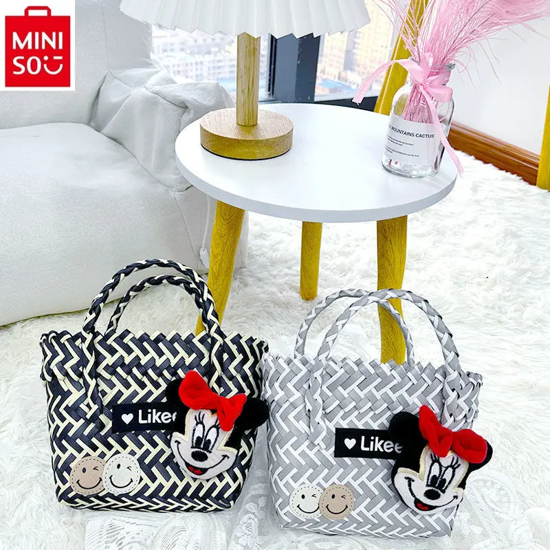 

MINISO Disney High Quality Woven Fashionable New Cartoon Michimini Pendant Handbag Women's Large Capacity Storage Beach Bag