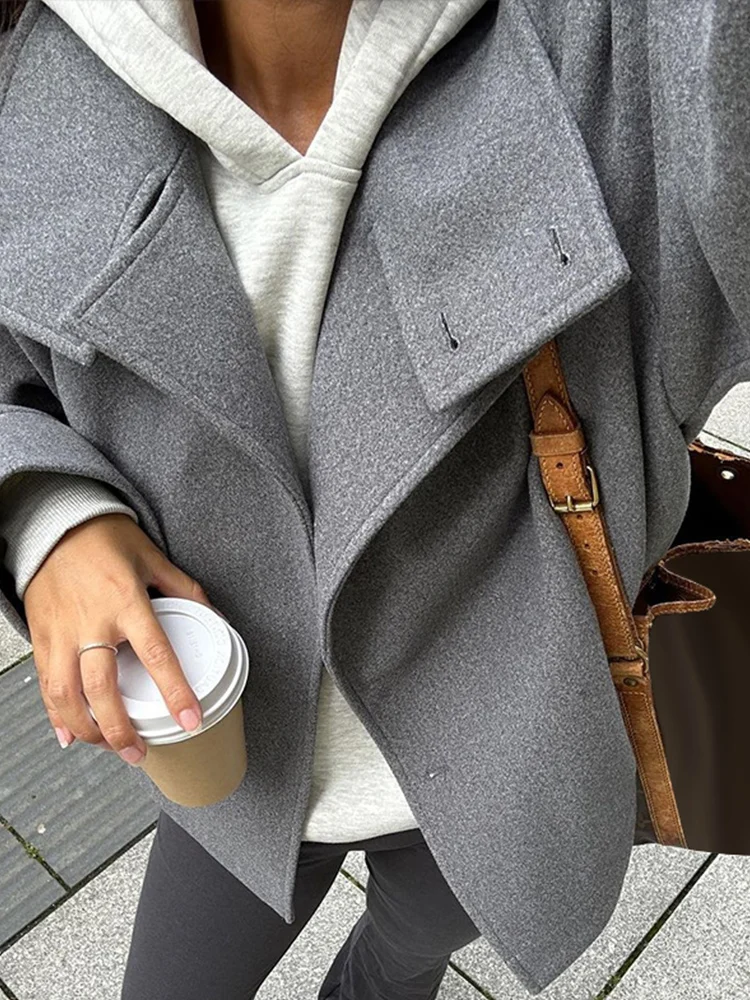 2025 Autumn Woolen Dark Blue Jacket Women  Single Breasted Stand Collar Loose Female Coat Office Lady Street Short Outwear Tops