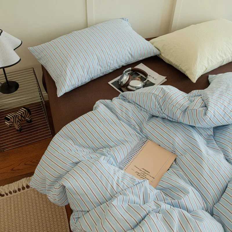 Bedding Set INS Girls Striped Soft Washed Cotton Bed Sheet Queen King Size Duvet Set  Comforter Set Pillowcase Bed Linens
