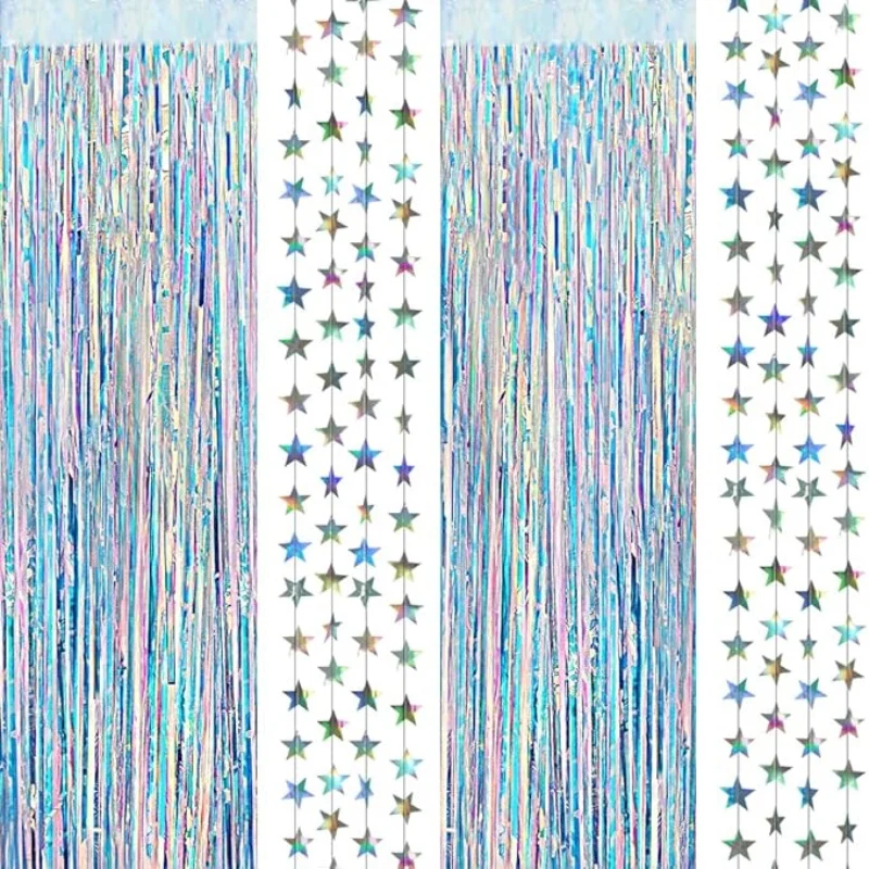 Iridescent Stars Tinsel Foil Curtain Hanging Garland Backdrop for Proposal Wedding Birthday Christmas New Year Party Decorations