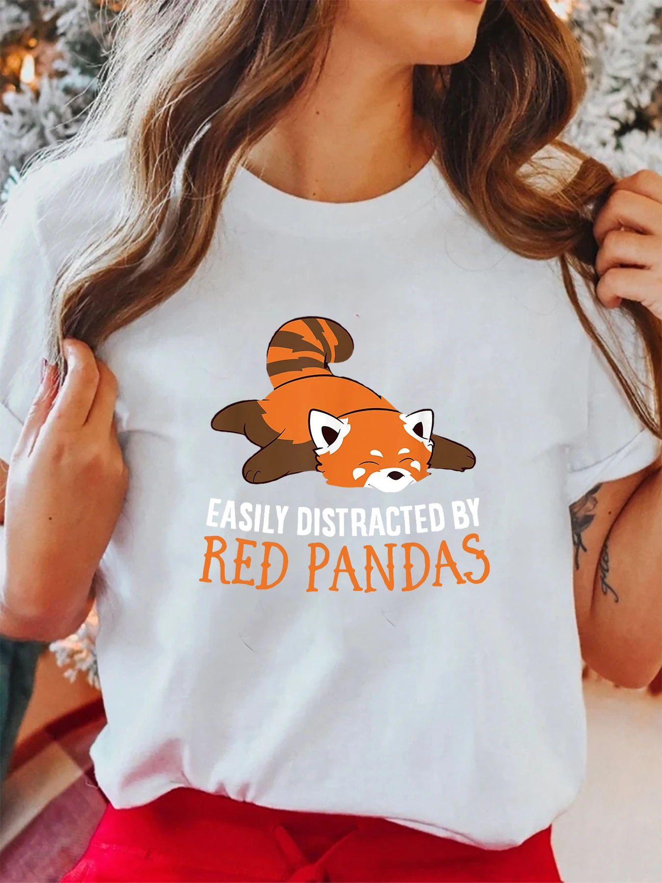 Red Panda Easily Distracted By Printed Short Sleeve Casual Fashion Women T-Shirt Pattern Women\'s Summer Printed T-Shirt