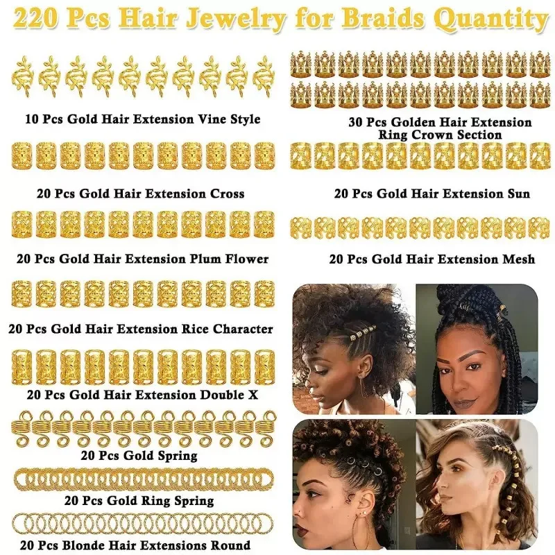 220 Stück Metall-Haarspangen, Flechtringe und Manschetten, böhmische ausgehöhlte Dreadlock-Perlen für Frauen, DIY-Zopfschmuck, Haar-Accessoires – Detail 5