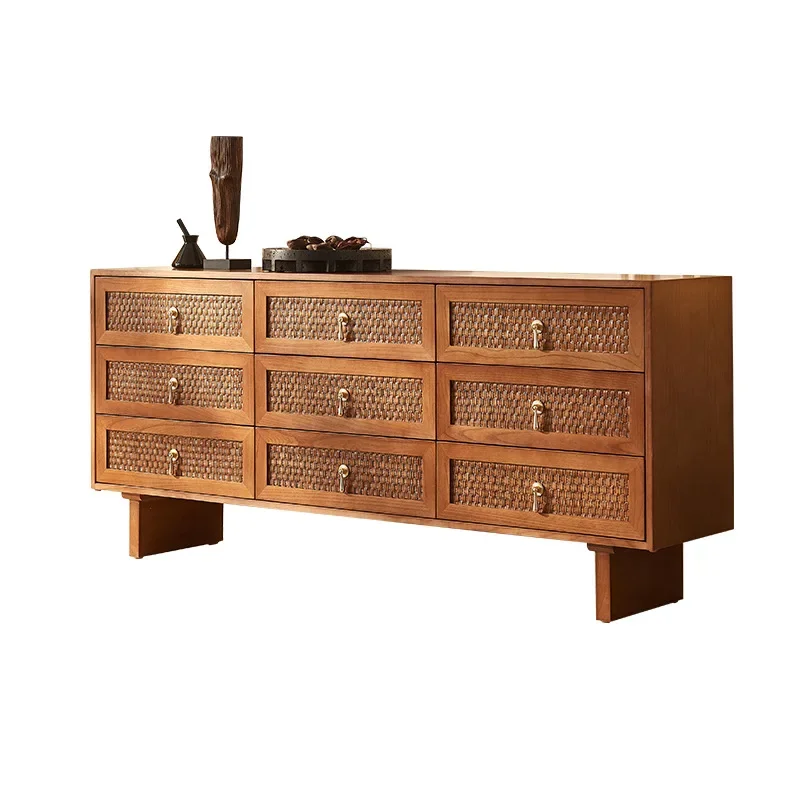 New Chinese style, solid wood chest cabinet, medieval rattan weaving, modern simplicity, ash wood dining side cabinet
