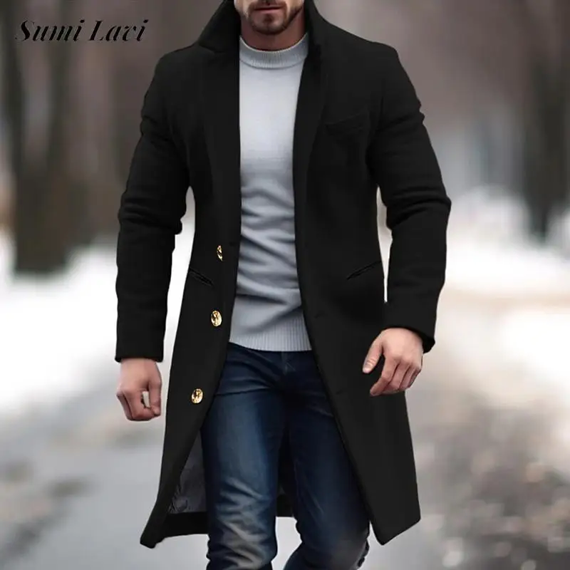 

Fashion Solid Color Woolen Trench Jacket Mens Fall Winter Daily Casual Button Lapel Overcoats For Men Vintage Wool Blend Coat