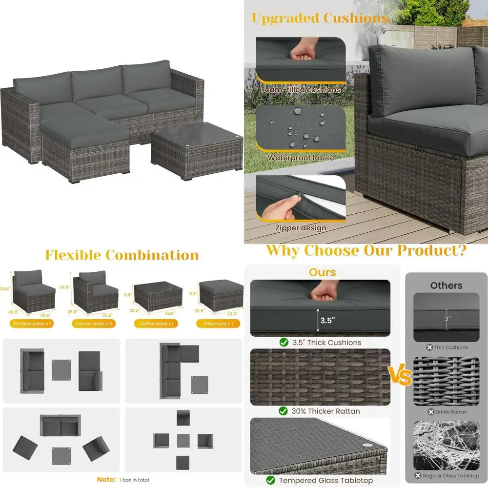 

5 Piece Outdoor Patio Sectional urniture Set, Weather Resistant Rattan Outside Couch, Waterproo Contion Soa or Balcony, Porch, B