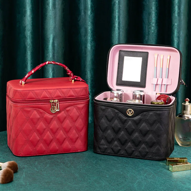 Makeup Bag Portable Cosmetic Bag Singlelayer advanced PU leather cosmetic case New travel multiple portable cosmetic case Mirror