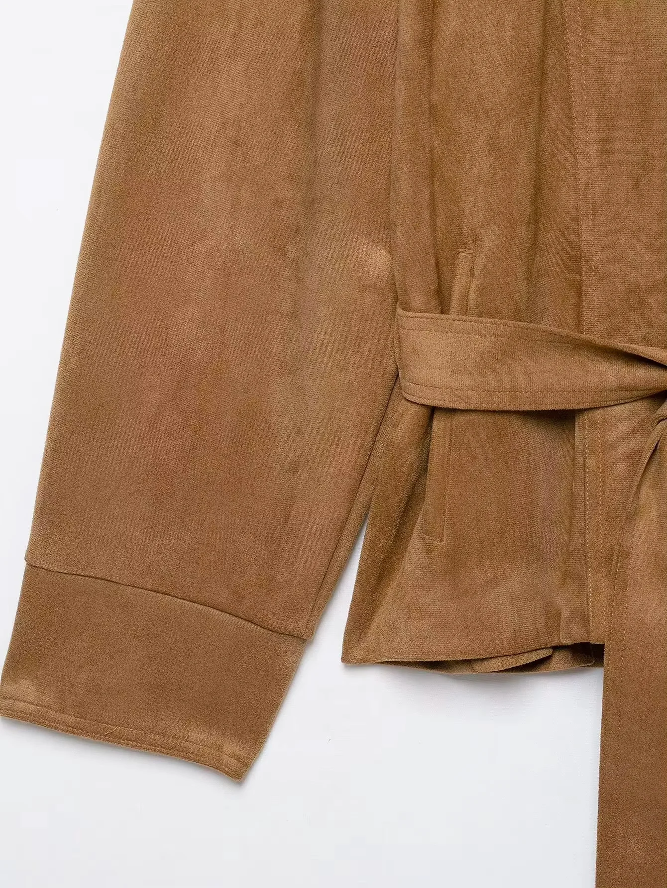 HH Damen Vintage Khaki Kunstleder-Oberbekleidung, hoher Stehkragen, Taillengürtel, Kunstwildlederjacke, Herbstmode, Mantel für den Schulanfang – Detail 6