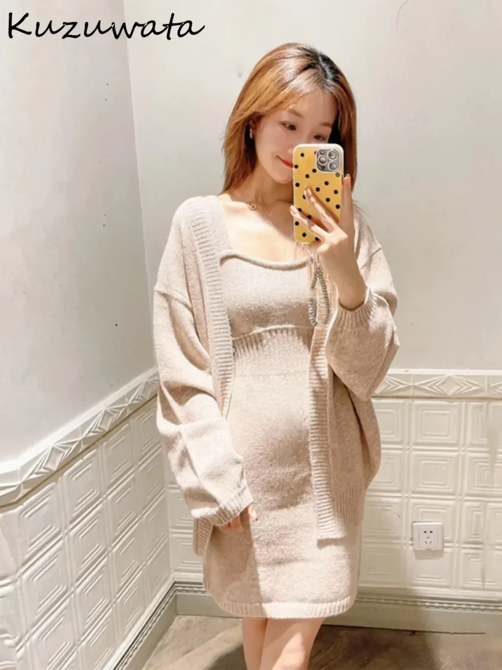 Kuzuwata New Elegant Long Sleeve Set Cardigan Sling Strapless Patchwork Slim Fit Robe Japanese Knit Moda French Style Suit Dress