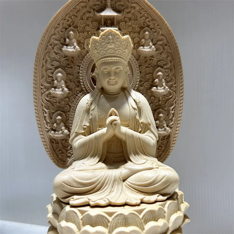 Cypress Crowned Guanyin Small Figurine Carved Bodhisattva Religious Sculpture for Temple Displays and Personal Altar Decoration