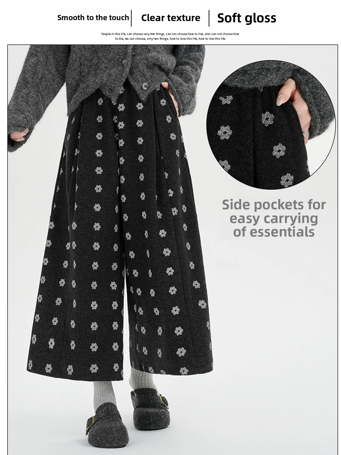 Pantaloni di lana floreali a gamba larga a vita alta Pantaloni casual dritti larghi autunno inverno da donna Stampa di piccole dimensioni Otto nove pantaloni