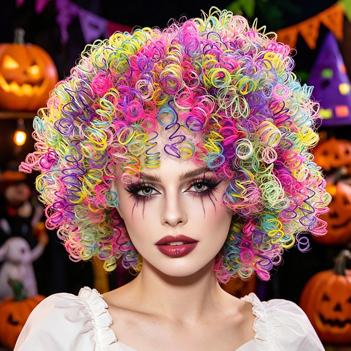 Rainbow Multicolor Fluffy Afro Curly Wig Synthetic Hair Clown Cosplay Halloween Carnival Costume Party Full Wigs for Adults