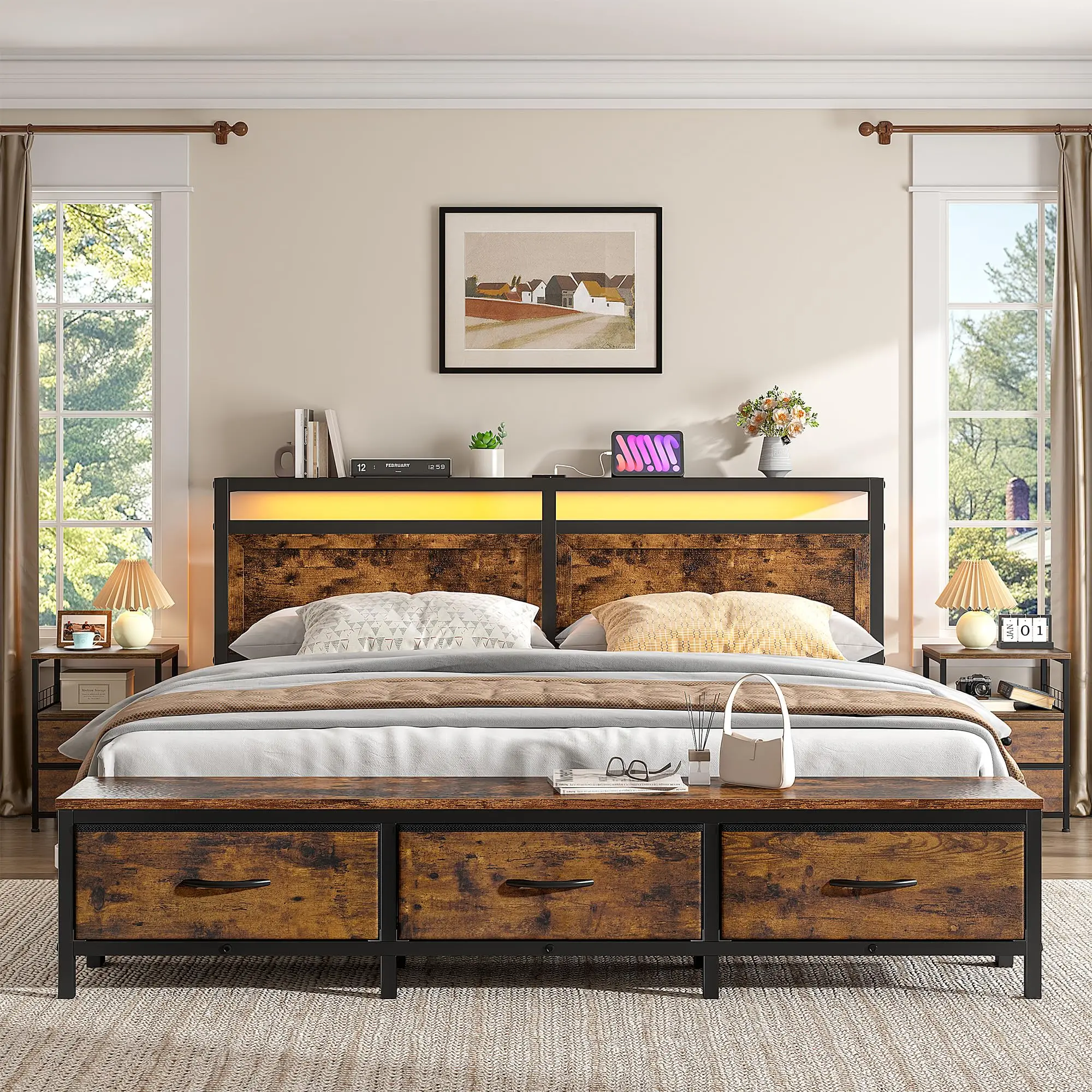 Full Bed Fe with Ottoman & Charging Station, Rustic