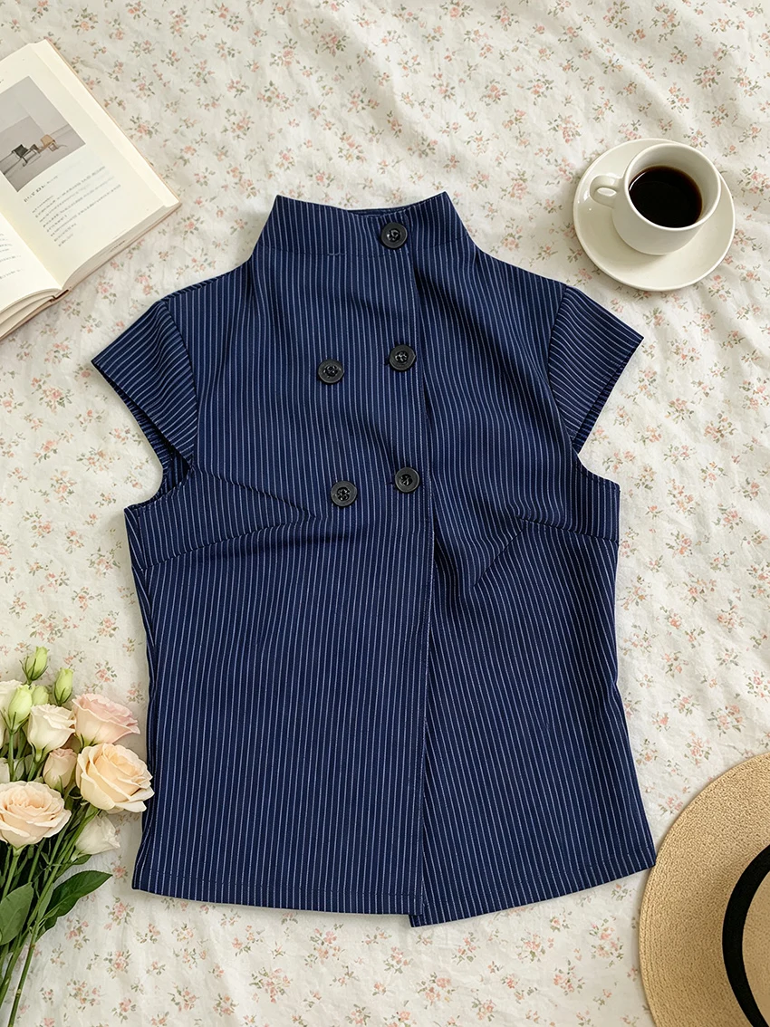 Women Fashion Vertical Pin Stripe Stand Collar Cap Sleeve Blouse Double Buttons Split Front Slim Cropped Y2K Retro Office Tops