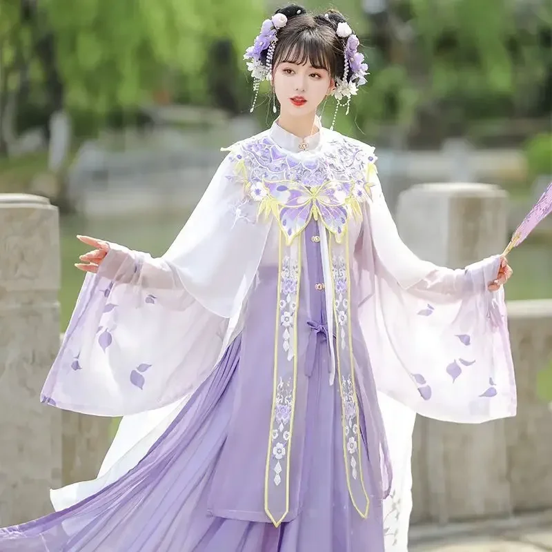 Primavera originale tradizionale cinese viola Hanfu Dress 4pcs femminile Ming Dynasty Princess Dress mantello farfalla nuvola spalla