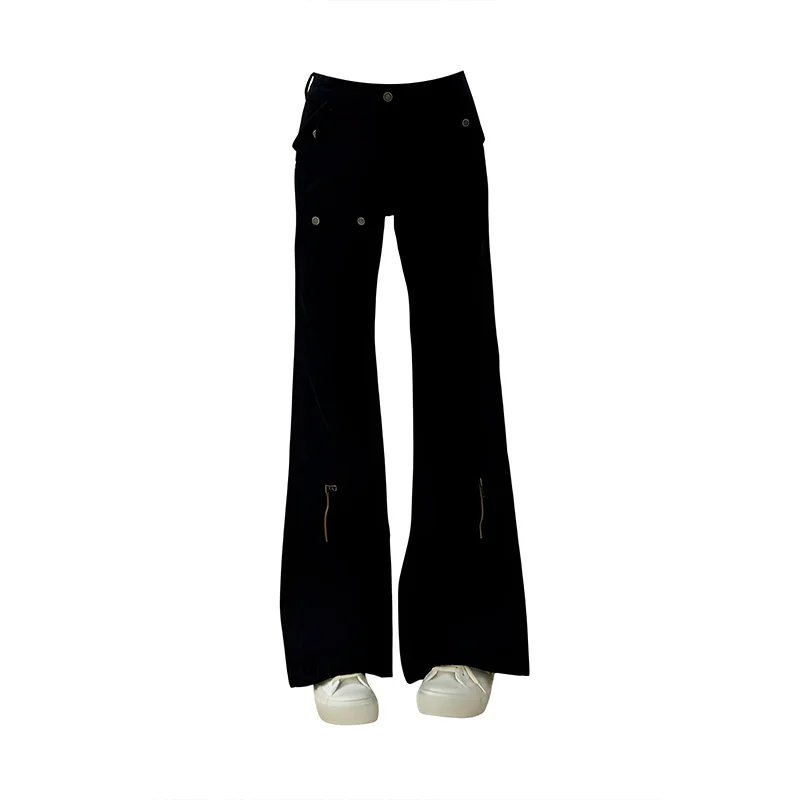 

Women's Multi Pocket Micro Flared Black Cargo Jeans Personalized Trousers Cool Girl Casual Bottoms Female Street Denim Pants