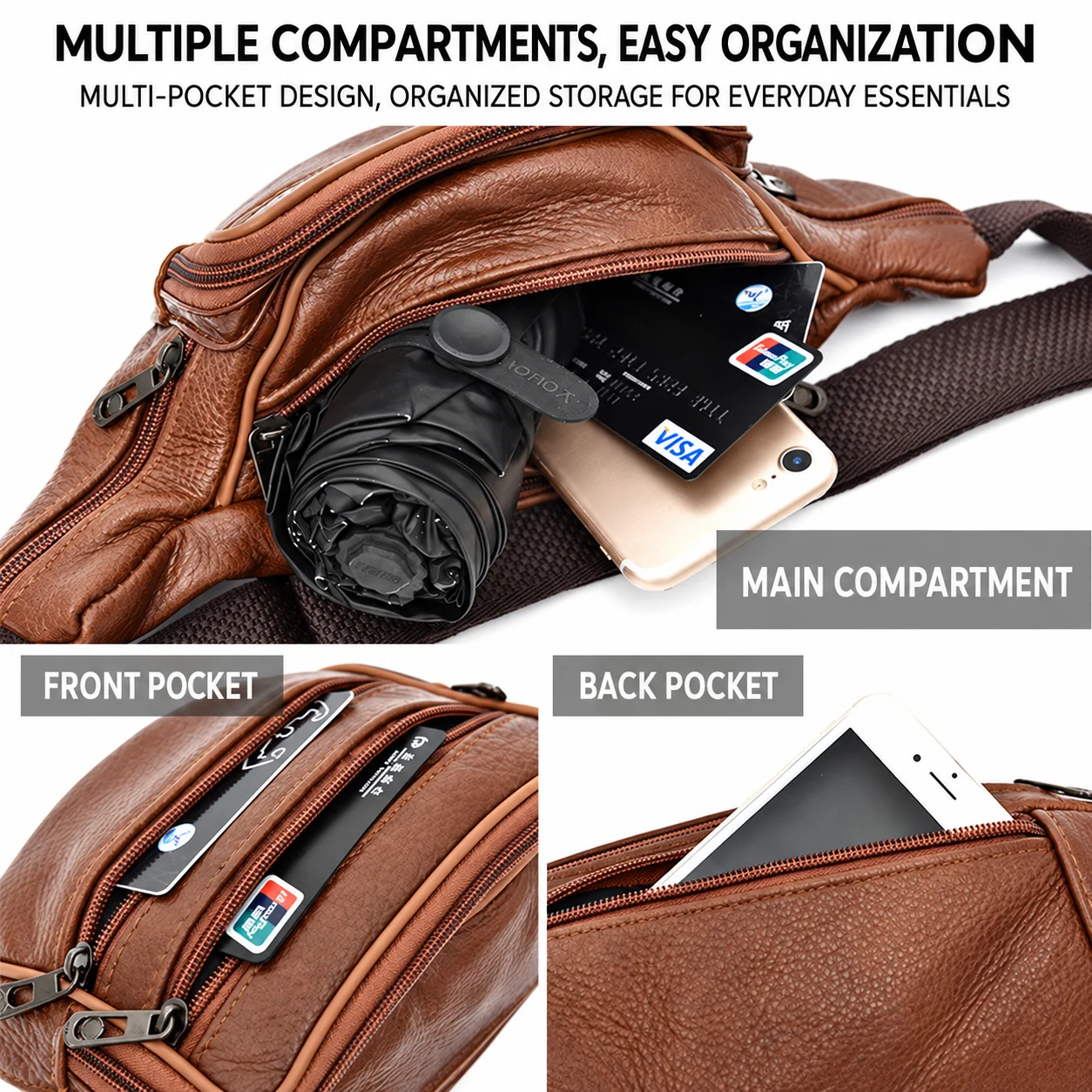 PU Leather Waist Bag Casual Square Hip Packs Crossbody Multi-function Outdoor Phone Pouch Belt Bag Fanny Pack Shoulder Bags