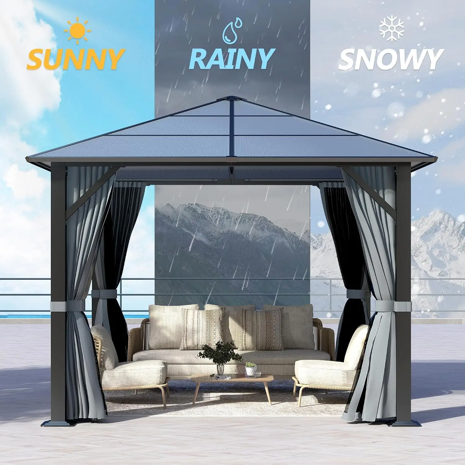 9.5'x9.5' Hardtop Gazebo with Polycarbonate Roof & Metal Frame, Patio Tent with Mesh & Curtains for Backyard, Gray, Customized