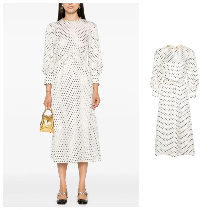 

Elegant Polka Dot Long Dress with Sash Waist Cinching Diamond Decoration French Style High Waist A-Line Skirt Tea Break Dress