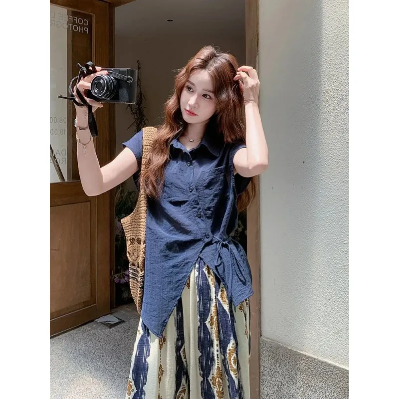 

Women Summer Ethnic Loose Outfit Irregular Tie Waist Sleeveless Shirt Printed Wide Leg Pants Two Piece Set S-XL