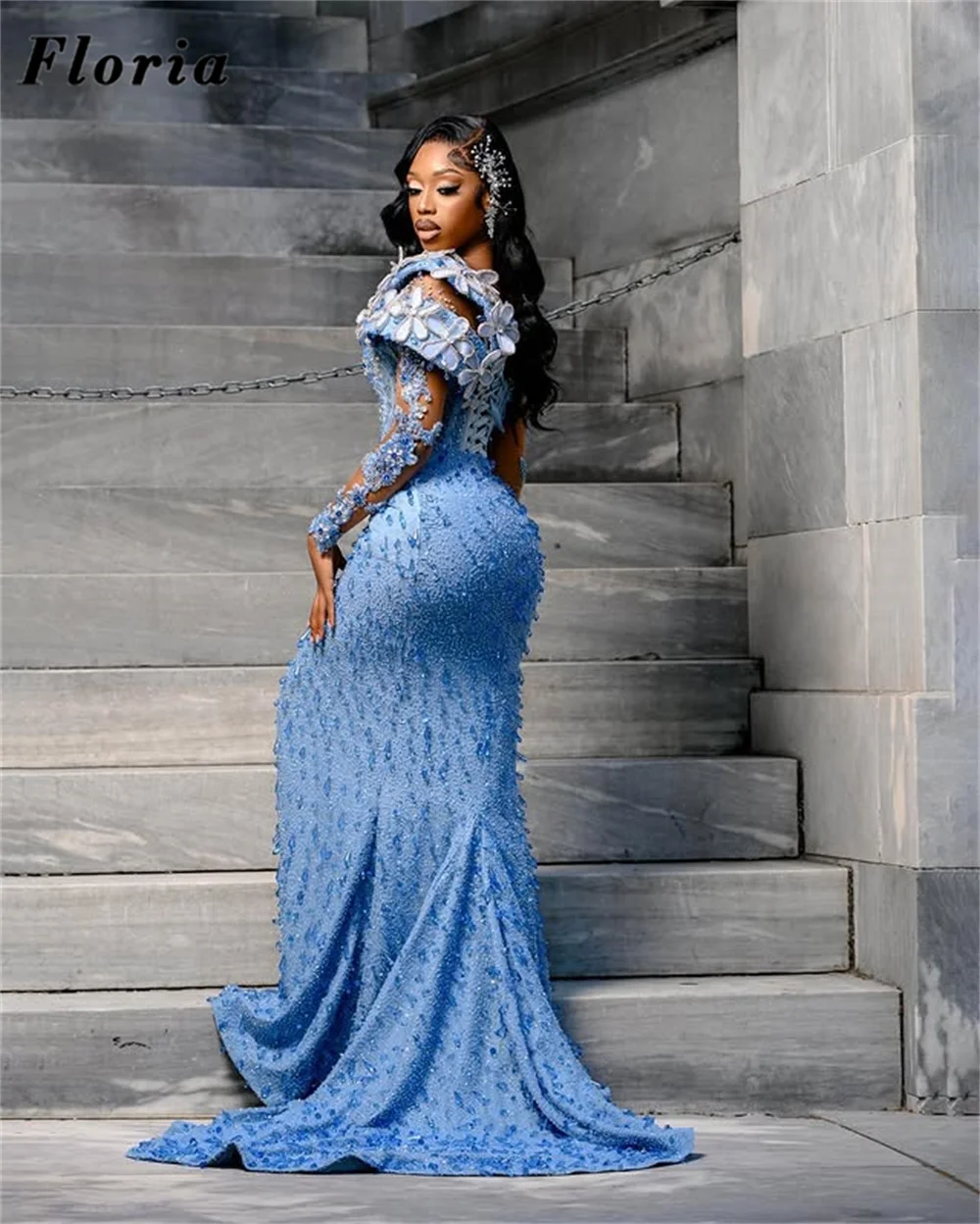 2025 African Blue Beading Evening Dresses Luxury Split Side Crystals Prom Dress Bride Birthday Party Second Dress Customized