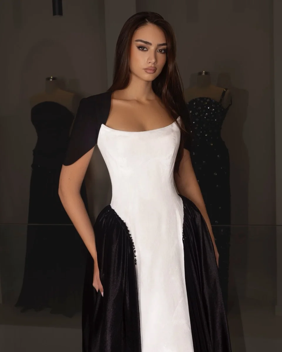 Classic Black White Fashion Ball Gown Square Neck Contrast Color Satin Floor Length Slim Fitting Evening Prom Party Dress