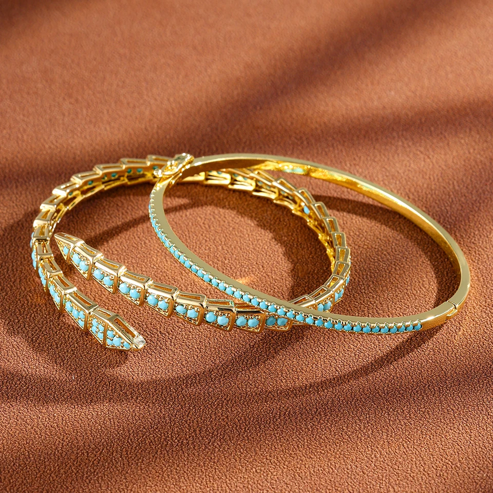 

Yupsk 2 Pcs Unique Design Turquoise CZ Bracelet Bangles Set for Women Classic Snake Bone Open Bracelets Party Jewelry