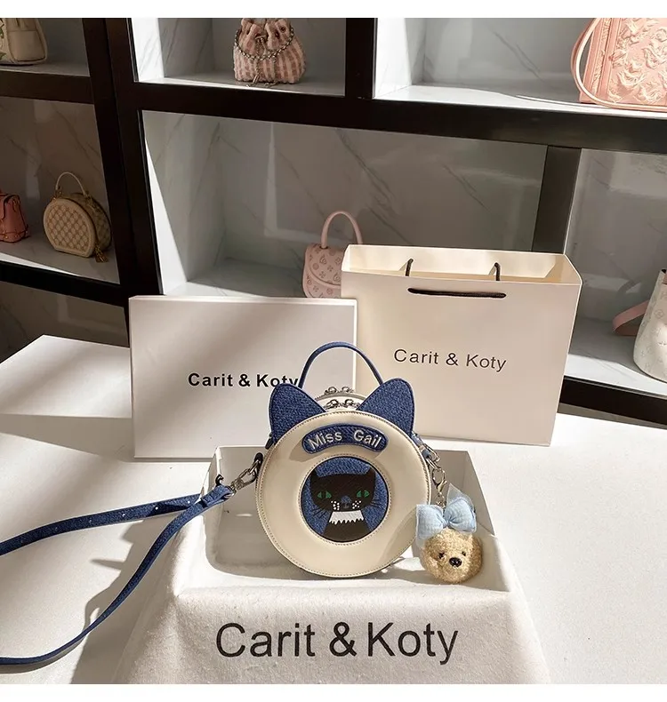 

Fashion Blue Denim Circular Bag Cute Cartoon Cat Women Handbag High Quality Textured Shoulder Crossbody Bag Female Casual Bag