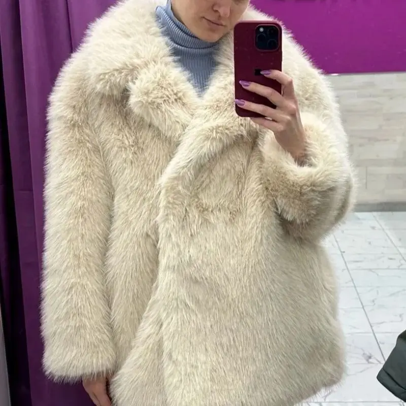معطف فرو نسائي متوسط الطول صديق للبيئة دافئ للخريف والشتاء، ياقة مثل الثعلب، ياقة أنيقة ومريحة #6