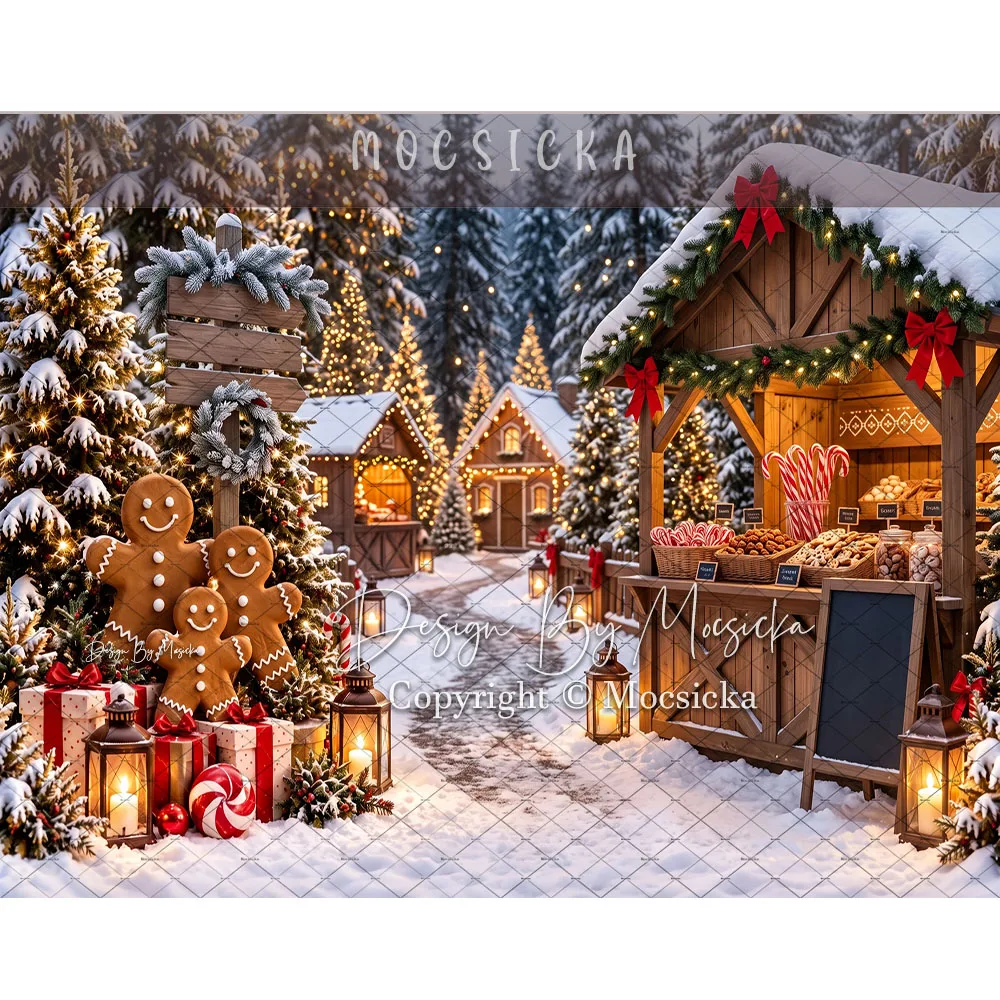 Mocsicka Christmas Cocoa Cart Backdrop Photography Winter Forest Lantern Cookies Snowmen Gingerbread Background Studio Photo