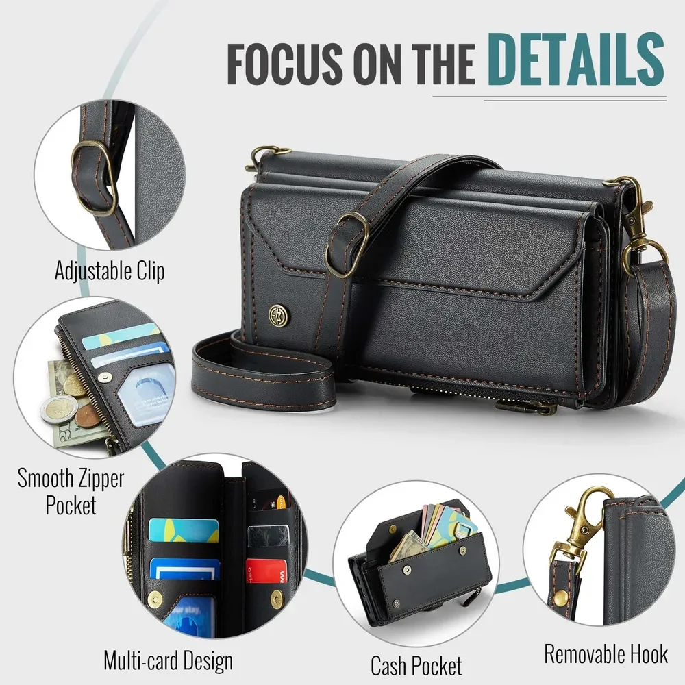 

Lanyard Leather Zip Wallet Card Phone Case For Apple iPhone 15Pro Stylish Crossbody Cover capa