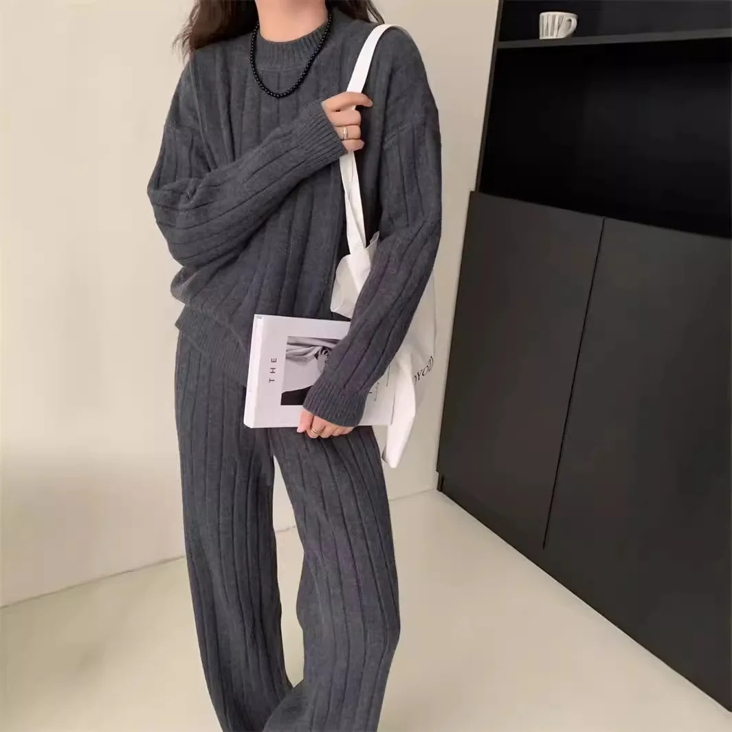 Autumn Winter 2 Pieces White Women\'s Sets Knitted Tracksuit Turtleneck Sweater and Straight Jogging Pant Suits 2024 New