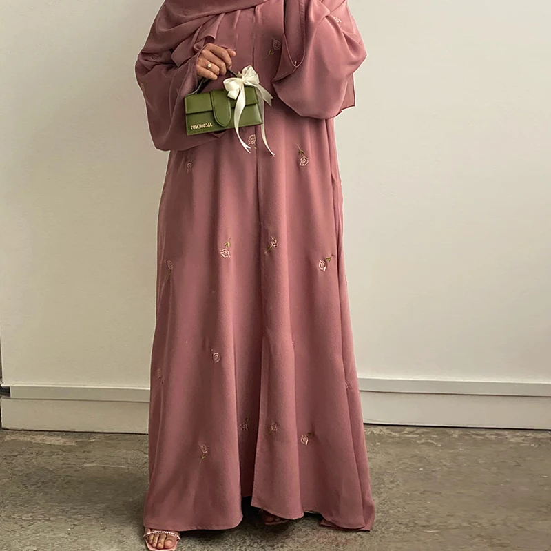 

New Arrival Turkey EID Ramadan Modest Flower Embroidery Muslim Open Abaya Hijab Islamic Clothing Women Modest Dress Dubai Abaya