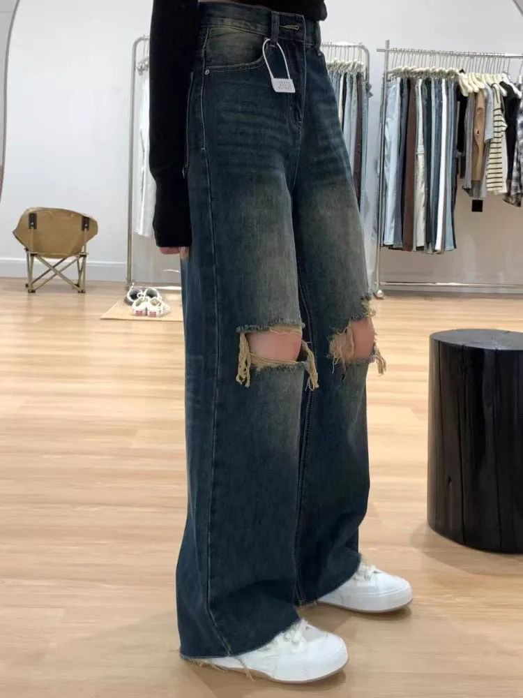 

Американские прямые джинсы с отверстиями в стиле ретро, женские летние новые свободные узкие широкие брюки большого размера длиной до пола