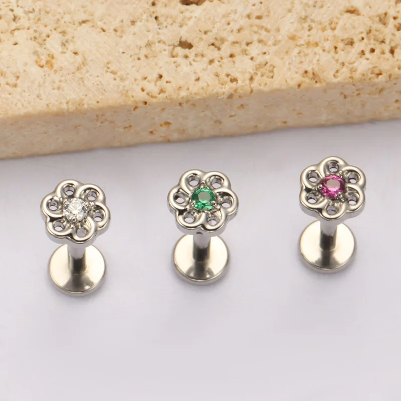 ASTM F136 Titanium with CZ Flower Lip Stud Piercing Threaded Insect Earring Helix Earlobe Labret Anodized Piercing Body Jewelry