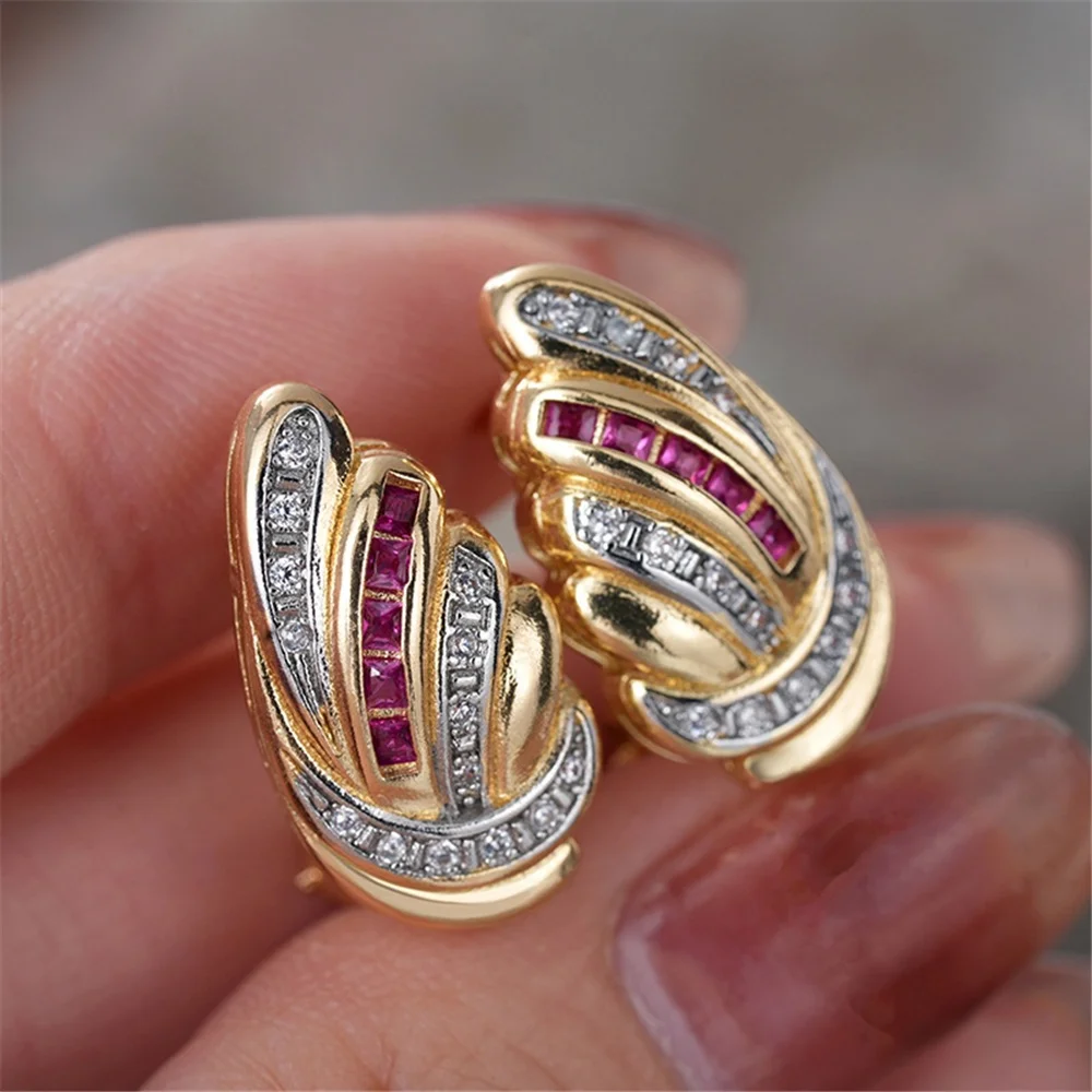 Luxury Female Purple White Zircon Wing Hoop Earrings Trendy Fashion Gold Color Wedding Jewelry For Women