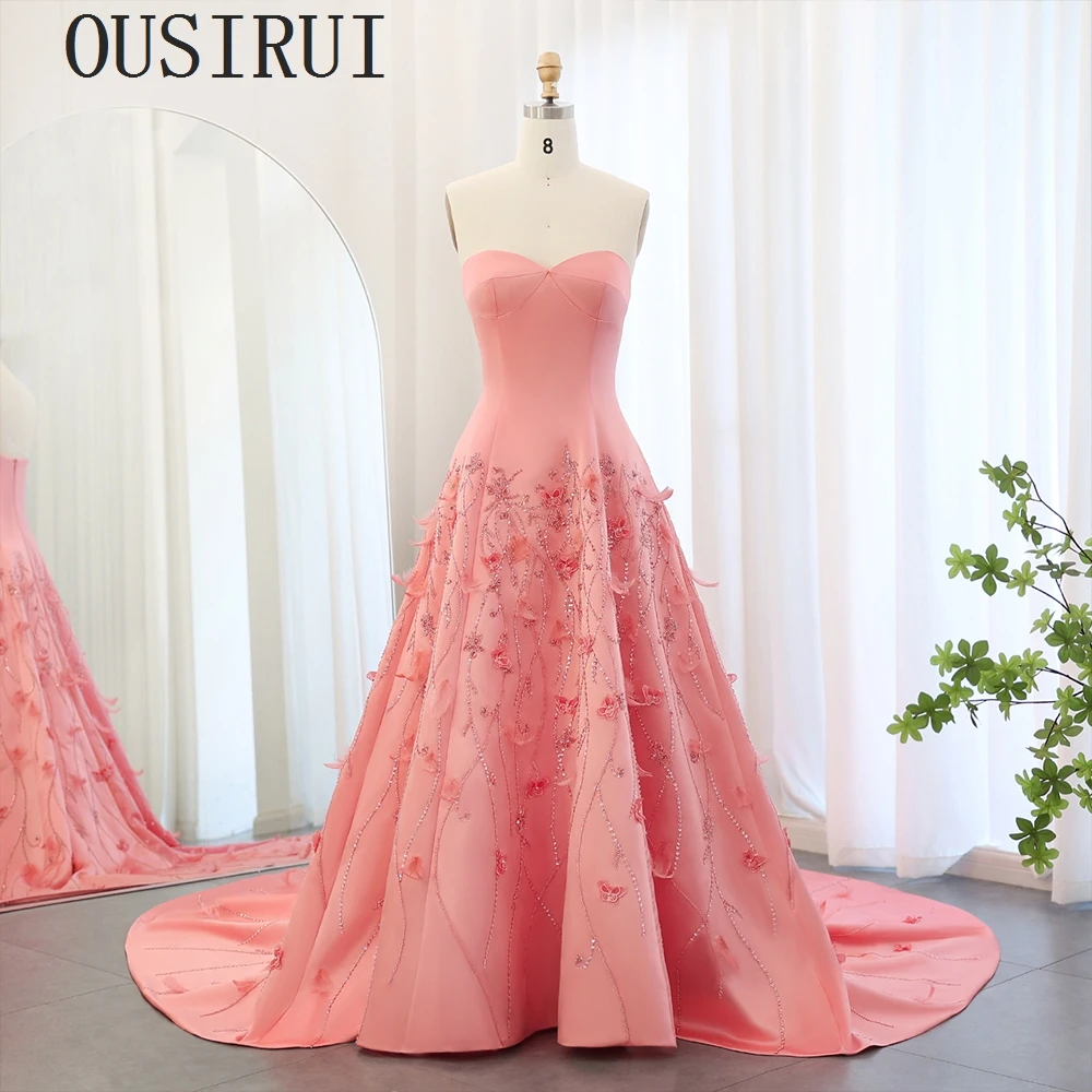 OUSIRUI Luxury Feathers Dubai  Evening Dresses For Woman Flowers Sweeheart Long Wedding Formal Party Dresses With Sweep Train