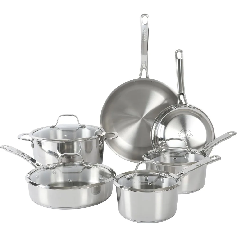 

Kitchen Essentials Chef's Deck 10 Piece Stainless Steel Non Toxic Pots and Pans Kitchen Cookware Set with Triply Encapsulated Ba