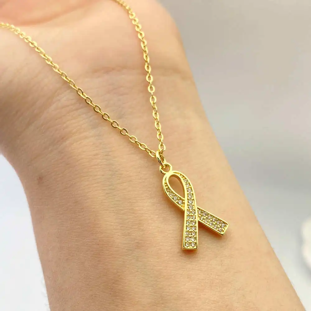 Chic Dainty 18K Gold Plated CZ Micro Pave Breast Cancer Awareness Silk Ribbon Charm Pendant Necklace Jewelry Gift