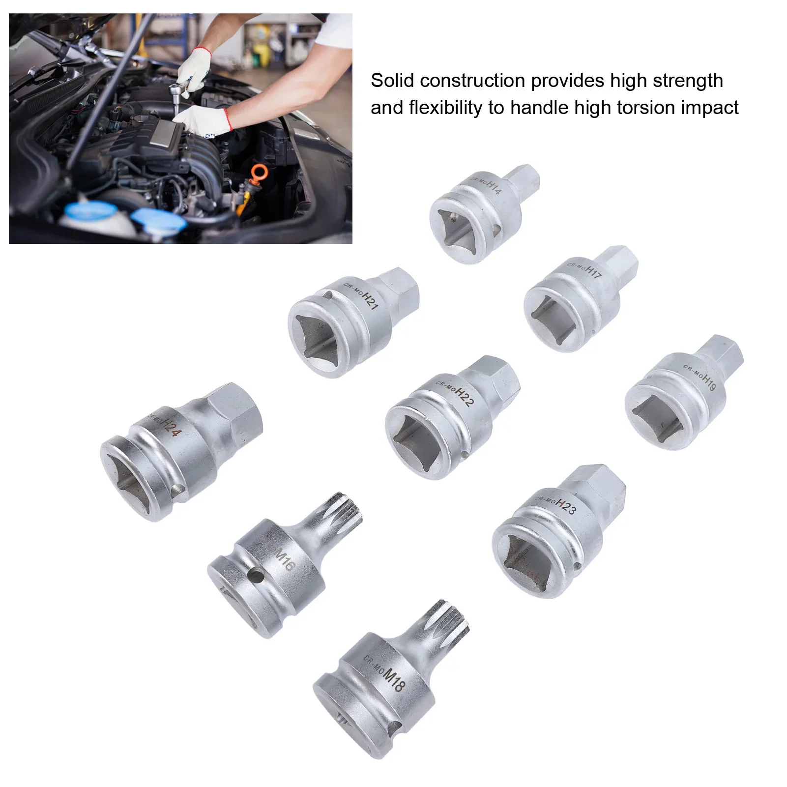 Spline Bit Socket Set Heavy Duty Cr‑mo 9 Pcs 3/4 Inch Drive  Hex Driver Set Construction with Storage Case for Car Repair