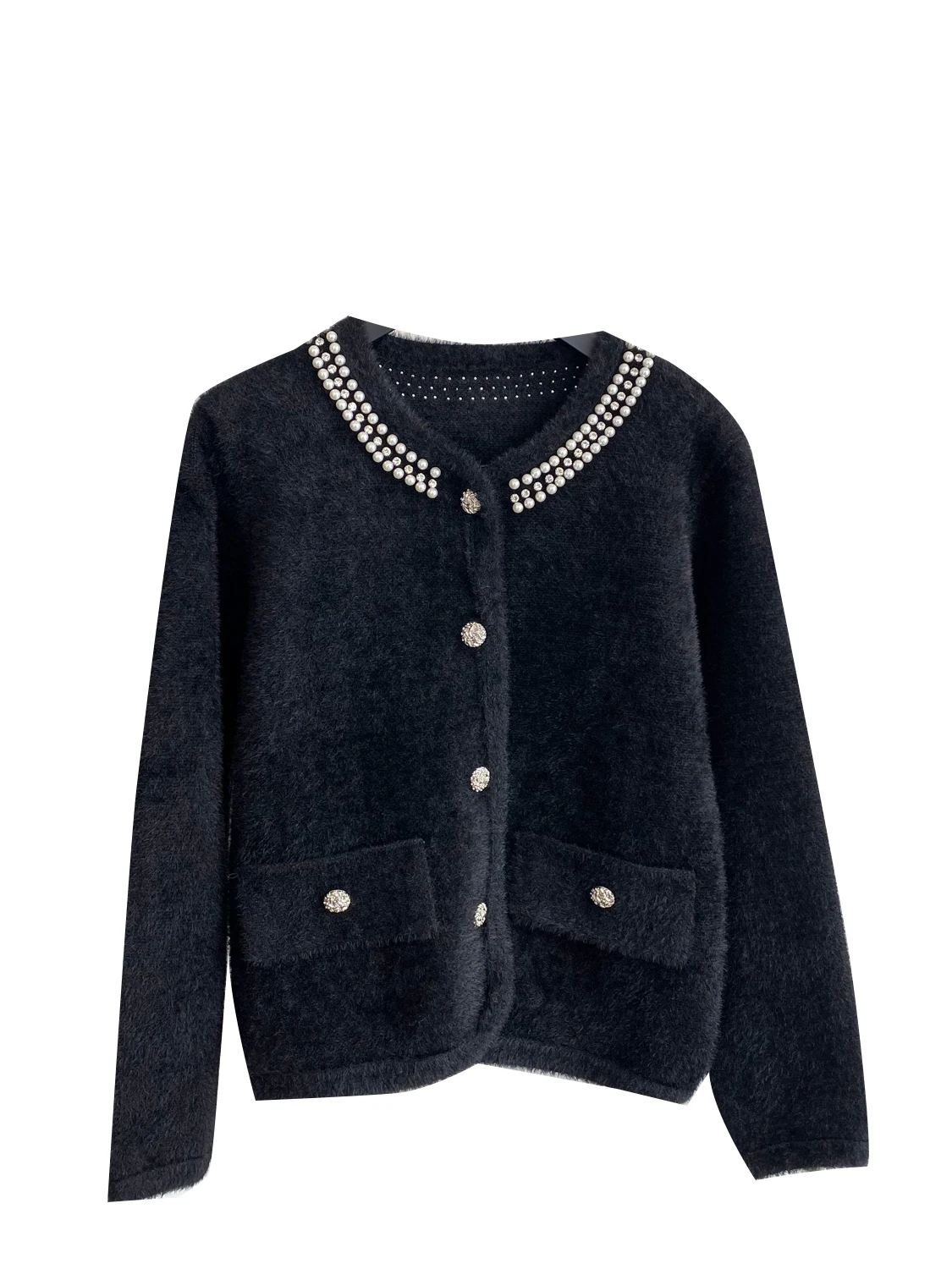 

Faionable Heavy Bead round Ne Open Cardigan Loose Casual Fur Women's Outerwear Ele Sle Long Sve Color