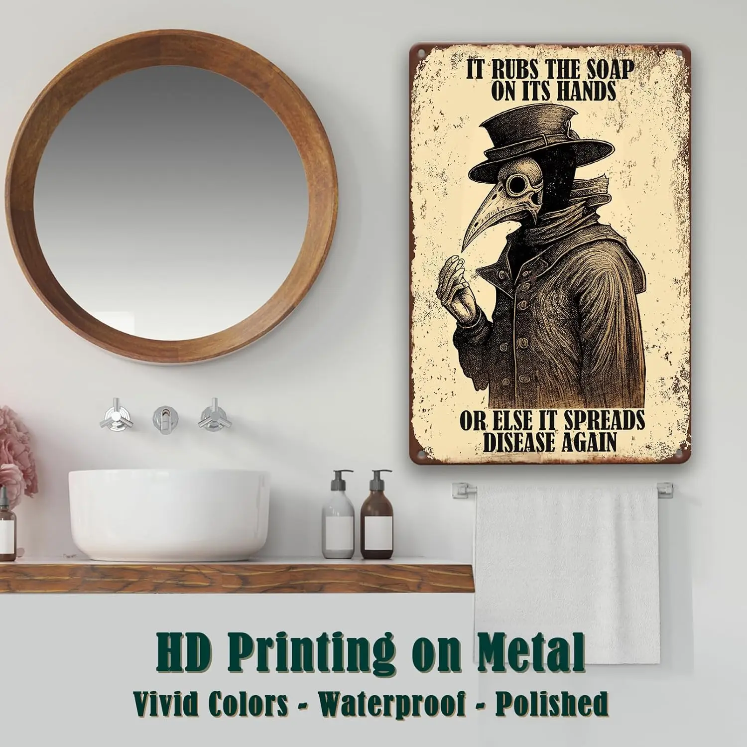 Vintage Tin Sign,Wash Your Hands Plague Doctor Wall Art Plague Doctor Art Print Plague Doctor Decor,Home Wall Decor Metal Sign