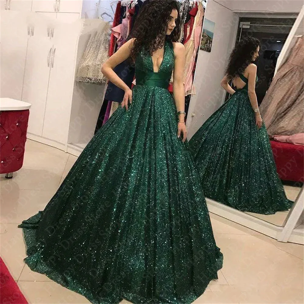 Vestido de graduación con cuello en V profundo para mujer, vestido de fiesta de línea a brillante, hasta el suelo, sin tirantes, nuevo vestido de noche Formal, 2024