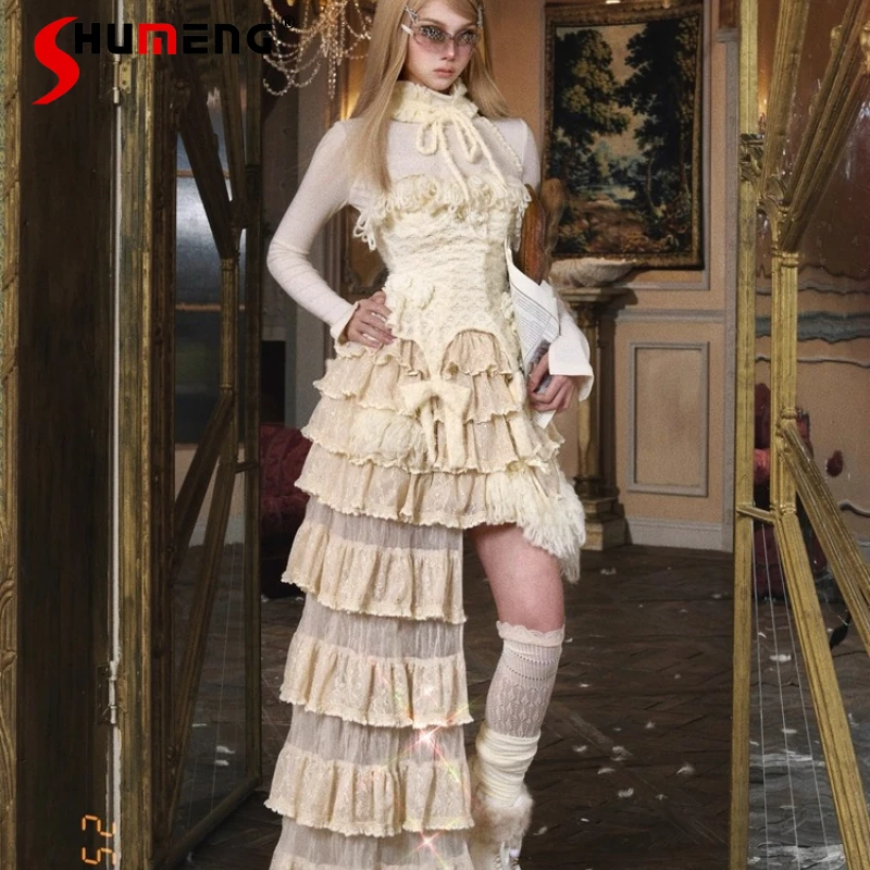 تصميم فريد من نوعه من الدانتيل بطبقات كعكة غير منتظمة متعددة الطبقات تنورة على الطراز الياباني تنانير طويلة عالية الخصر للملابس النسائية #1