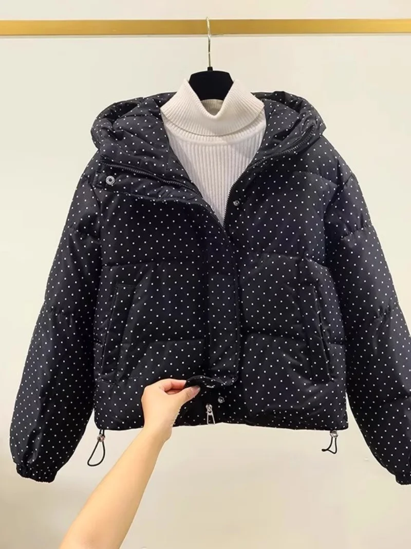 

Dot Print Warmth Hooded Coat Oversized Loose Short Cotton Jacket For Women - New Winter 2025 Casual Windproof Outerwear W1770