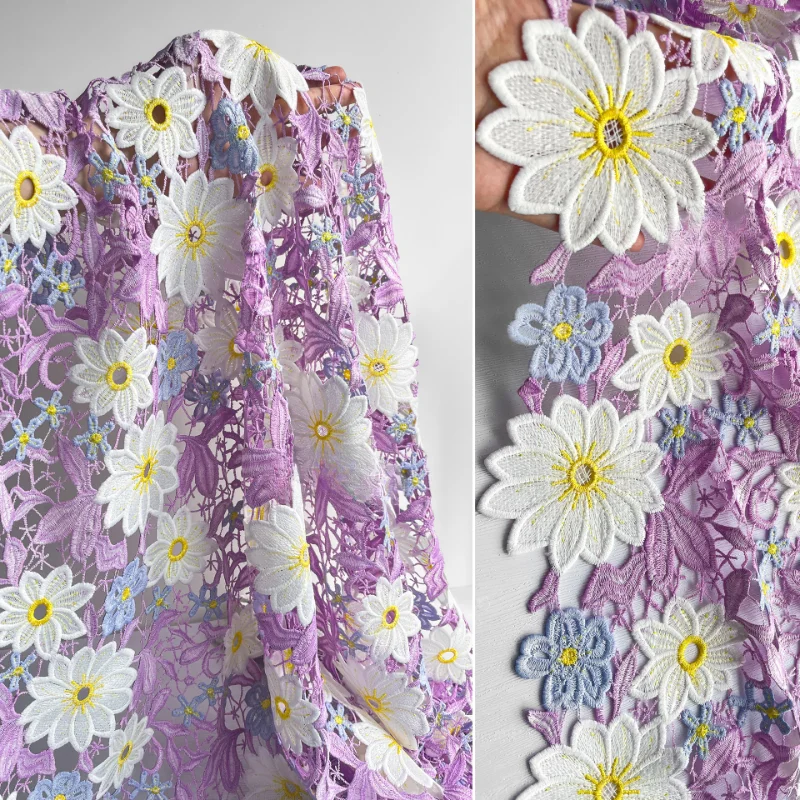 Purple Flower Hollow Out Water-soluble Embroidery Countryside Style Home Decoration Tablecloth Clothing Designer Fabric