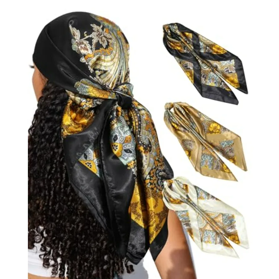 

35" Satin Square Hair Scarf Bandanas - 3Pcs Large Silk Head Scarves Sleeping Hair Wraps for Women