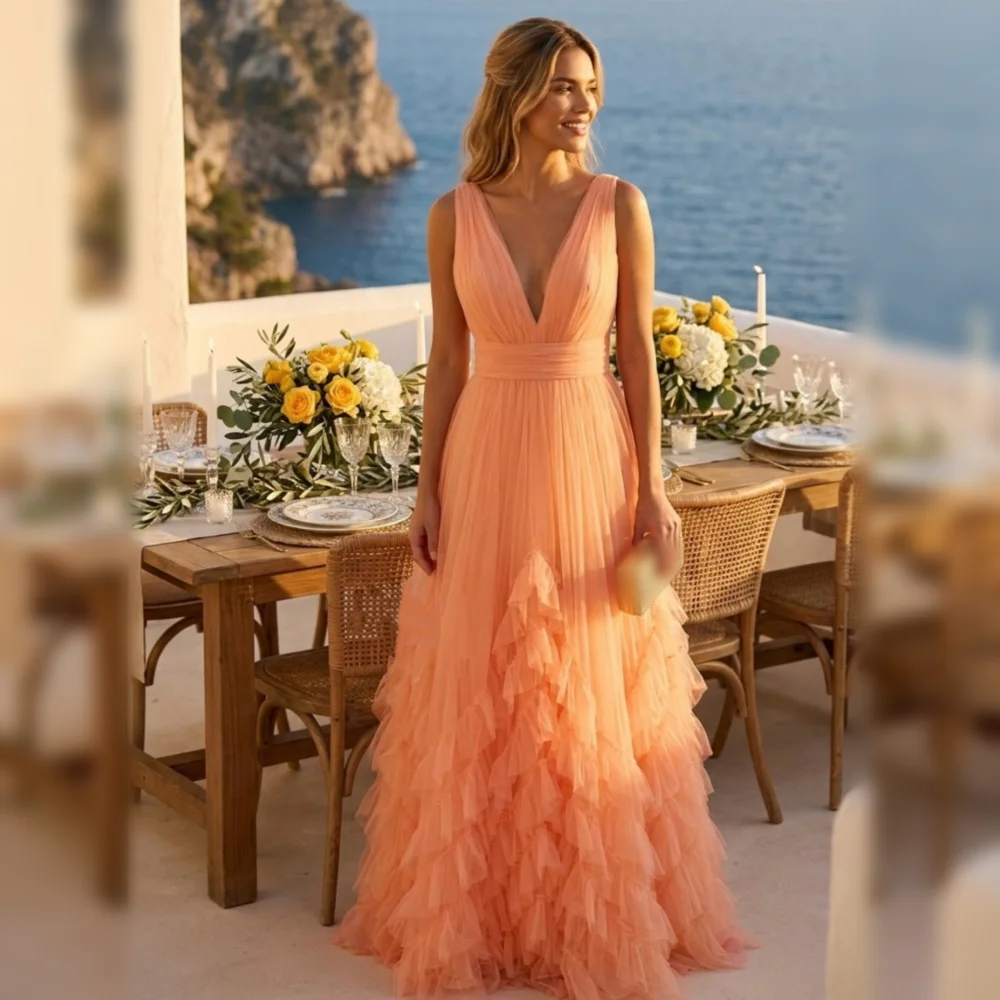 

Customized Elegant Wedding Party Dress Valentine's Day V-neck Sleeveless Long Dresses Evening Dress Modern Style