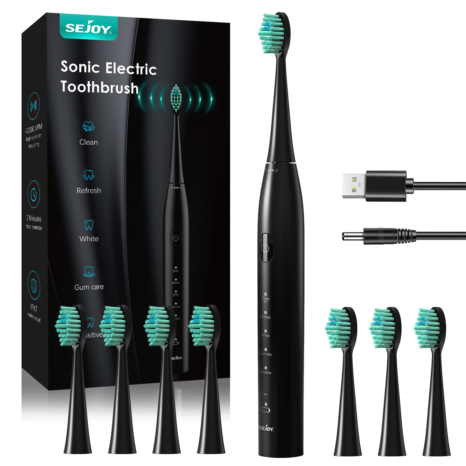 Sejoy Electric Ultrasonic Toothbrush Set with 7 Toothbrush Head Whitening Cleaner USB Rechargeable Oral Care Toothbrush