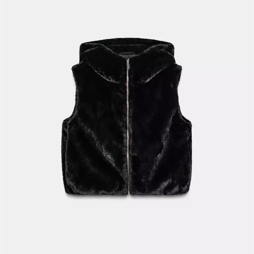 Nowa damska modna kamizelka z kapturem imitująca futro 2025 638800 Uniwersalna, zapinana na zamek błyskawiczny, kolor oryginalny De...