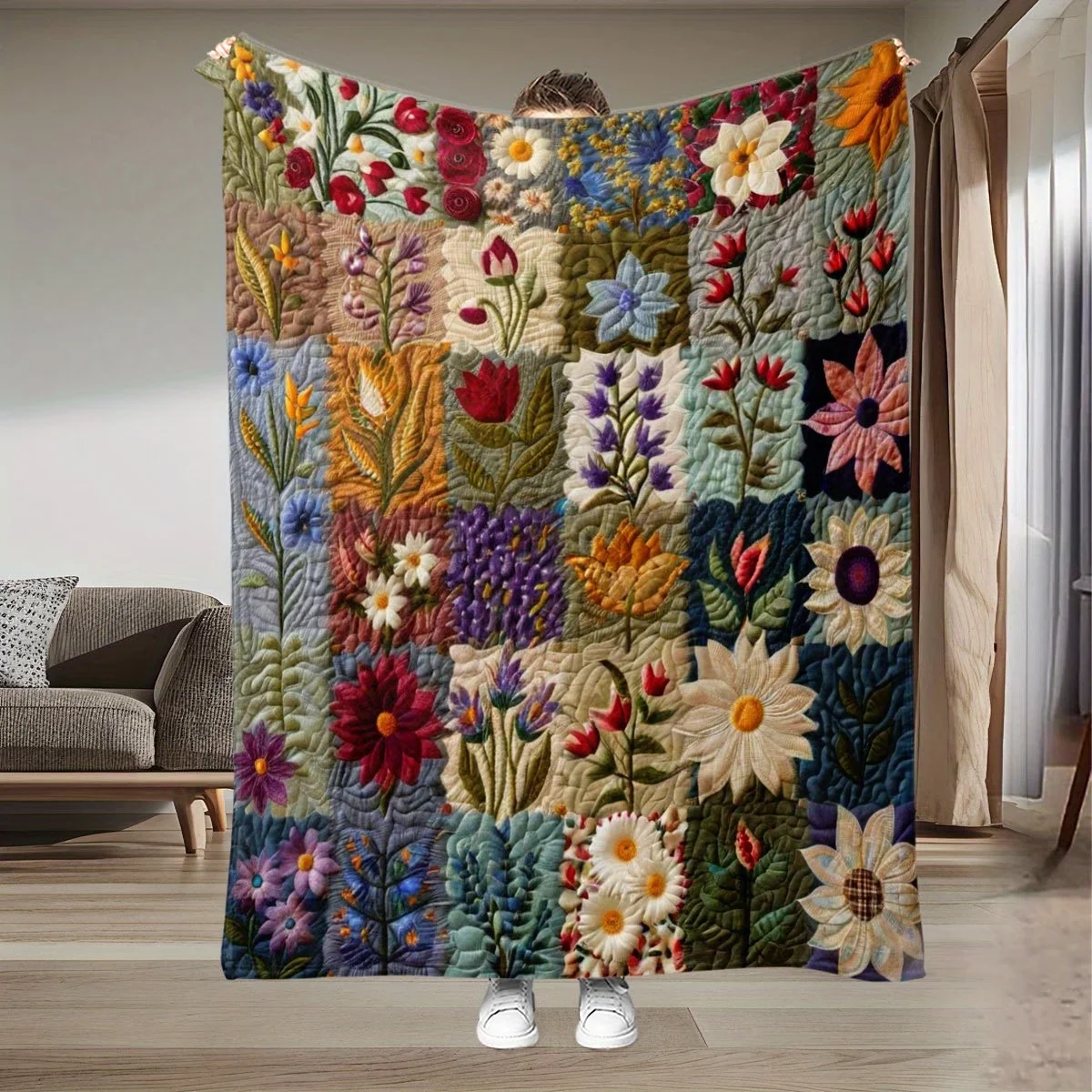 Colorful Floral Patchwork Theme Lannel Blanket  All-Season Featuring A Fresh and Literary Style Natural Atmosphere Soft Blankets
